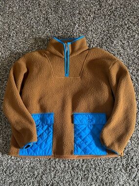 Madewell Caramel Brown Sherpa Pullover with Bright Blue Trim